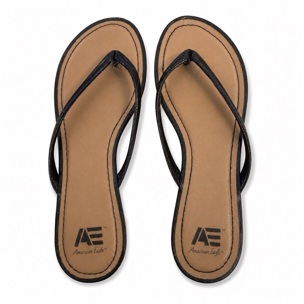 Y2K American Eagle Black Glossy Thong Flip Flop Sandals Women’s Size 9 AE